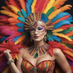 Modify the previous image to show the woman in vibrant and flamboyant carnival attire, complete with feathers, sequins, and bold colours, perfectly blending with the festive scene.