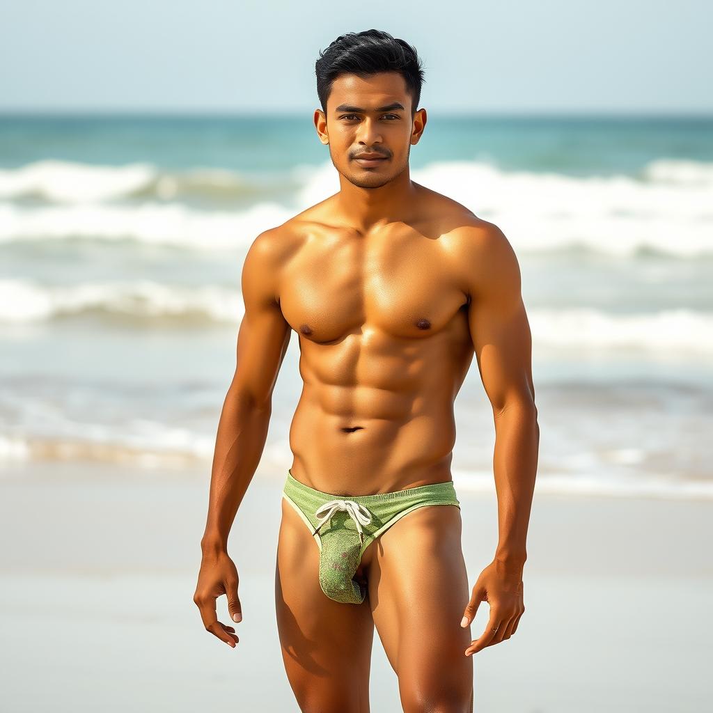 A portrait of an Indonesian man with a yellowish skin tone, confidently wearing a stylish bikini and a thong