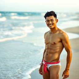 A portrait of an Indonesian man with a yellowish skin tone, confidently wearing a stylish bikini and a thong