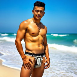 A portrait of an Indonesian man with a yellowish skin tone, confidently wearing a stylish bikini and a thong