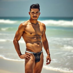 A portrait of an Indonesian man with a yellowish skin tone, confidently wearing a stylish bikini and a thong