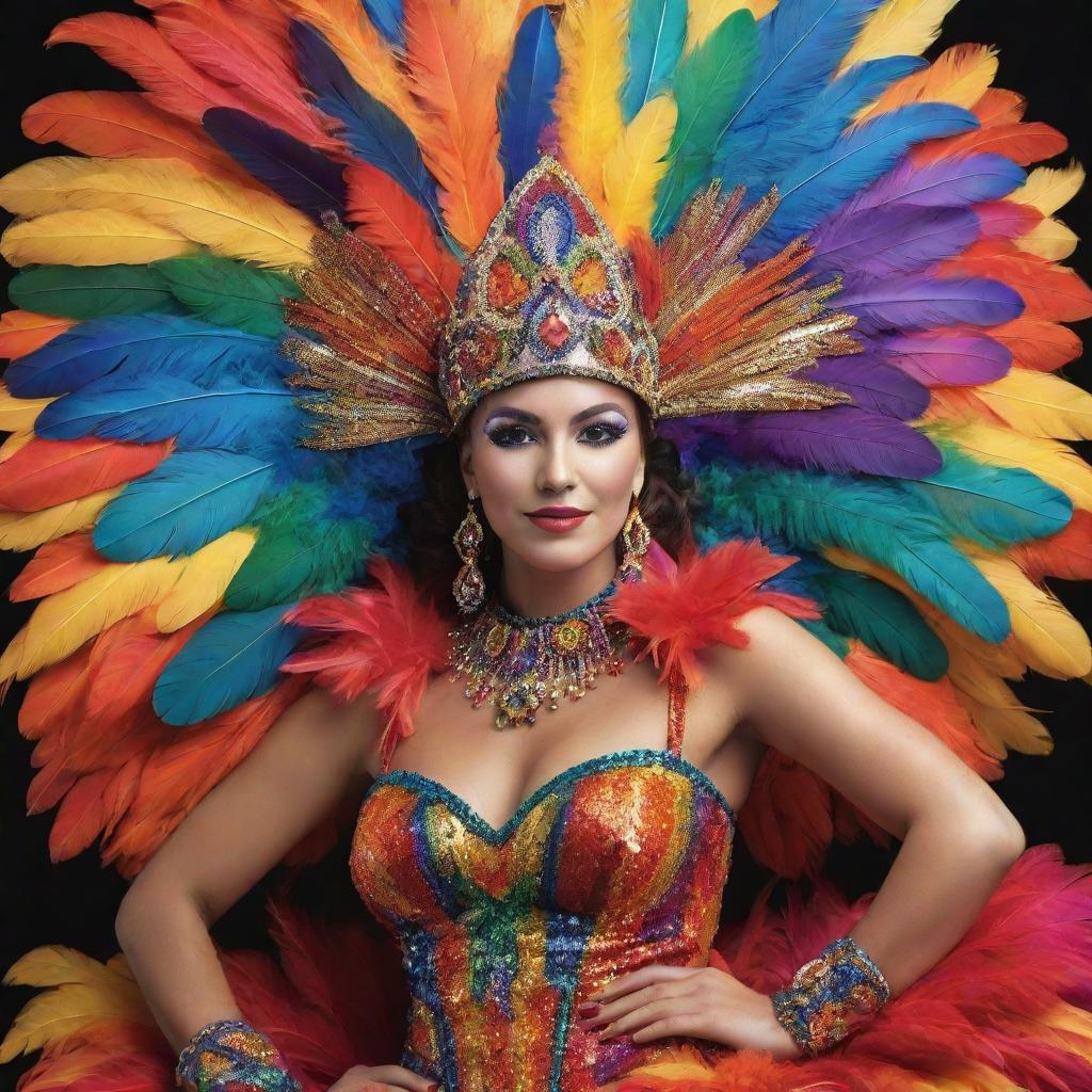 Modify the previous image to show the woman in vibrant and flamboyant carnival attire, complete with feathers, sequins, and bold colours, perfectly blending with the festive scene.