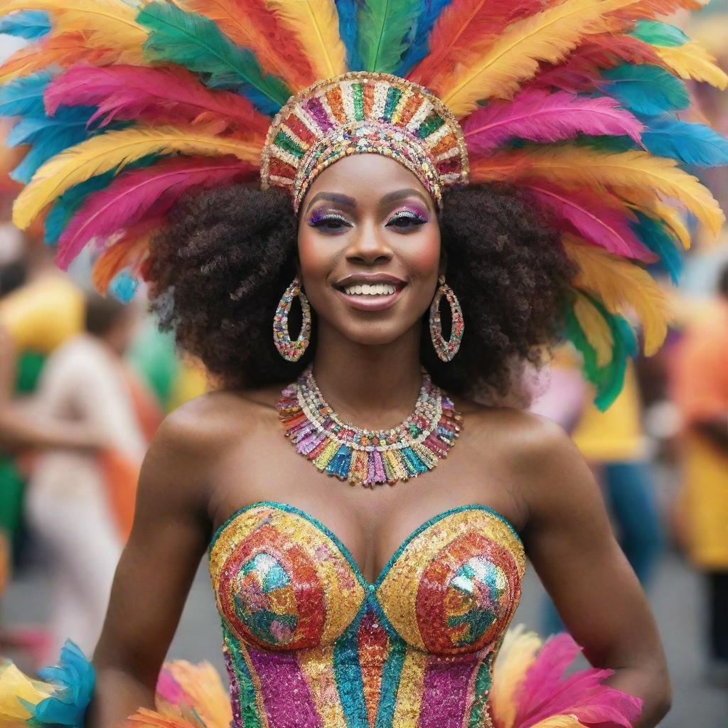 Edit the previous image to depict the woman as an African-American, her skin glowing against her vibrant and colorful carnival outfit, embodying the spirit of the celebration.