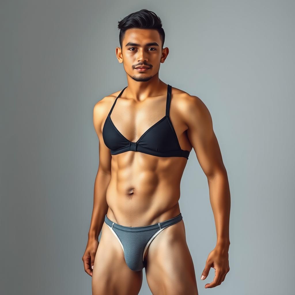 A striking portrait of an Indonesian man with a yellowish skin tone, confidently wearing a bra and thong