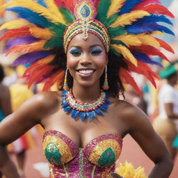 Edit the previous image to depict the woman as an African-American, her skin glowing against her vibrant and colorful carnival outfit, embodying the spirit of the celebration.