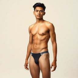 A striking portrait of an Indonesian man with a yellowish skin tone, confidently wearing a bra and thong