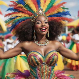 Edit the previous image to depict the woman as an African-American, her skin glowing against her vibrant and colorful carnival outfit, embodying the spirit of the celebration.