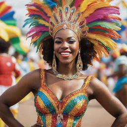 Edit the previous image to depict the woman as an African-American, her skin glowing against her vibrant and colorful carnival outfit, embodying the spirit of the celebration.