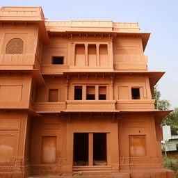 West-facing Indian-style building elevation, 22 feet wide and 40 feet tall, featuring a staircase and building entrance on the right side.