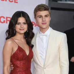 Selena Gomez and Justin Bieber, standing together in a friendly manner, at a red carpet event.