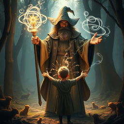 A powerful wizard casting protective magic around a young boy, with vibrant spell effects swirling in the air