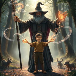 A powerful wizard casting protective magic around a young boy, with vibrant spell effects swirling in the air