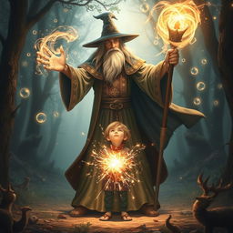 A powerful wizard casting protective magic around a young boy, with vibrant spell effects swirling in the air