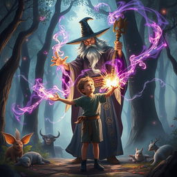 A powerful wizard casting protective magic around a young boy, with vibrant spell effects swirling in the air