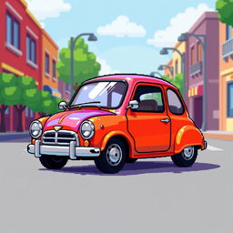 A small pixel art style car, vibrantly colored and highly detailed, featuring a retro design with large round headlights and a compact body shape