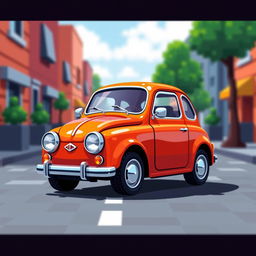 A small pixel art style car, vibrantly colored and highly detailed, featuring a retro design with large round headlights and a compact body shape