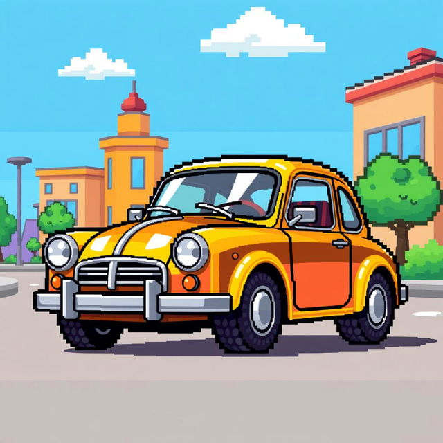 A small pixel art style car, vibrantly colored and highly detailed, featuring a retro design with large round headlights and a compact body shape