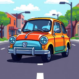 A small pixel art style car, vibrantly colored and highly detailed, featuring a retro design with large round headlights and a compact body shape