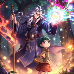 An anime-style powerful wizard casting vibrant protective magic around a young anime boy