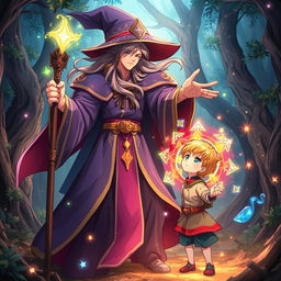 An anime-style powerful wizard casting vibrant protective magic around a young anime boy