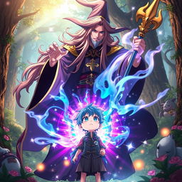 An anime-style powerful wizard casting vibrant protective magic around a young anime boy