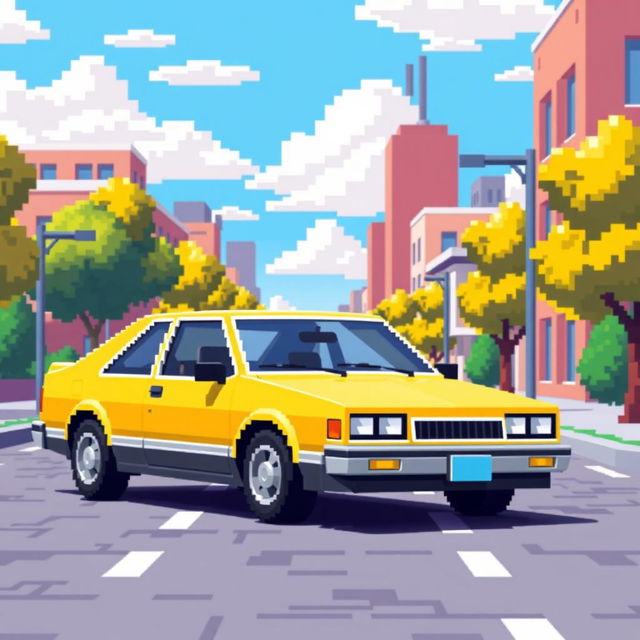 A retro 8-bit style car, pixel art design, bright colors, with a blocky appearance