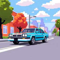 A retro 8-bit style car, pixel art design, bright colors, with a blocky appearance