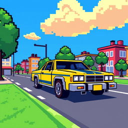 A retro 8-bit style car, pixel art design, bright colors, with a blocky appearance