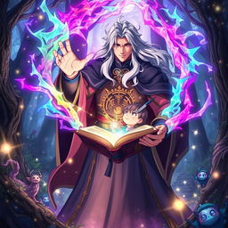 An anime-style powerful wizard casting vibrant protective magic around a young anime boy while holding an ancient spellbook