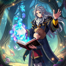 An anime-style powerful wizard casting vibrant protective magic around a young anime boy while holding an ancient spellbook