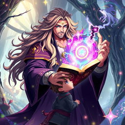 An anime-style powerful wizard casting vibrant protective magic around a young anime boy while holding an ancient spellbook