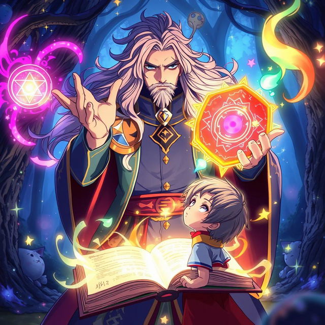 An anime-style powerful wizard casting vibrant protective magic around a young anime boy while holding an ancient spellbook