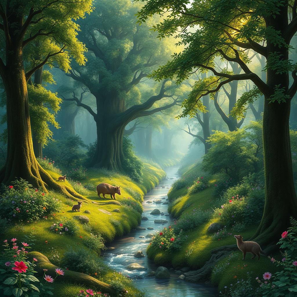 A lush, vibrant forest teeming with life, featuring towering trees with thick green canopies, colorful flowers scattered across the underbrush, and gentle sunlight filtering through the leaves