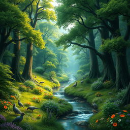 A lush, vibrant forest teeming with life, featuring towering trees with thick green canopies, colorful flowers scattered across the underbrush, and gentle sunlight filtering through the leaves