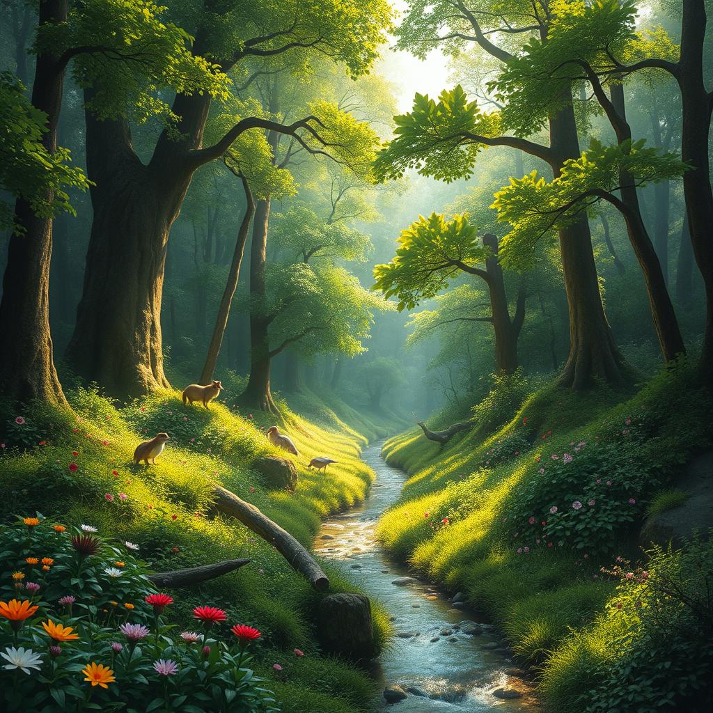 A lush, vibrant forest teeming with life, featuring towering trees with thick green canopies, colorful flowers scattered across the underbrush, and gentle sunlight filtering through the leaves