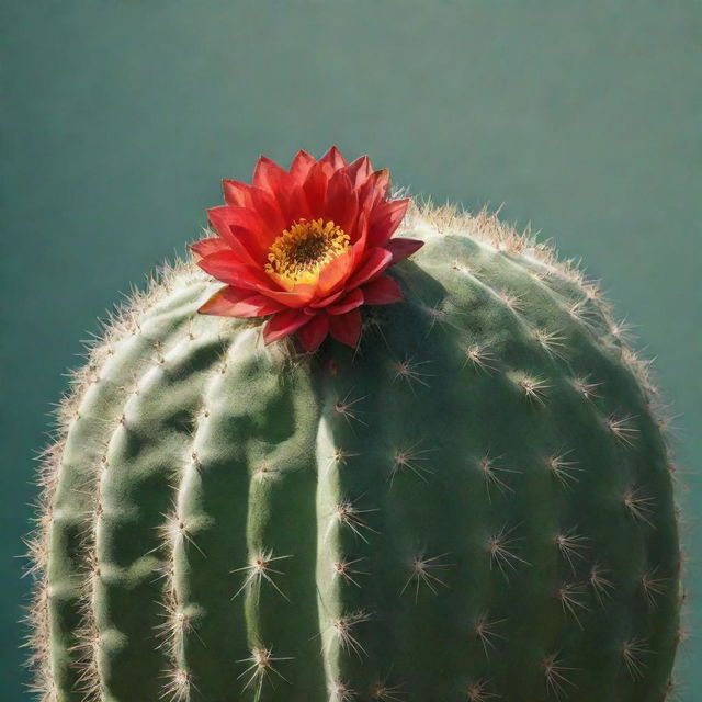 Create a visually striking image of a detailed and realistic cactus in full daylight, giving attention to its unique texture and vibrant color.