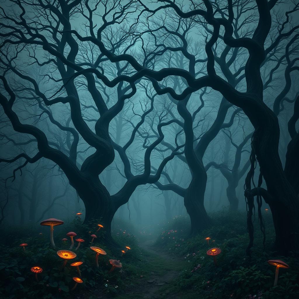 A mysterious, enchanting forest at twilight, shrouded in mist, with ancient trees whose twisted branches create intricate patterns against a dusky sky