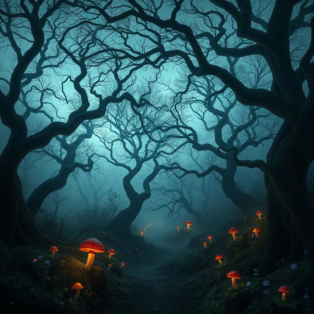 A mysterious, enchanting forest at twilight, shrouded in mist, with ancient trees whose twisted branches create intricate patterns against a dusky sky