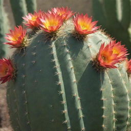 Create a visually striking image of a detailed and realistic cactus in full daylight, giving attention to its unique texture and vibrant color.