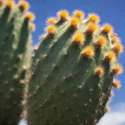 Create a visually striking image of a detailed and realistic cactus in full daylight, giving attention to its unique texture and vibrant color.