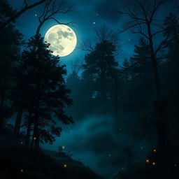 A mystical forest scene with dense, mysterious trees and foliage under a deep blue sky illuminated by a large, glowing full moon