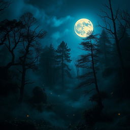 A mystical forest scene with dense, mysterious trees and foliage under a deep blue sky illuminated by a large, glowing full moon