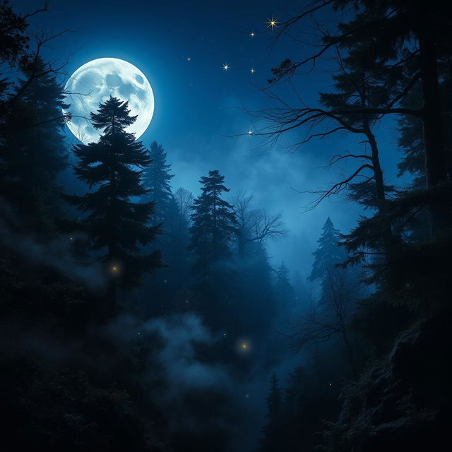 A mystical forest scene with dense, mysterious trees and foliage under a deep blue sky illuminated by a large, glowing full moon