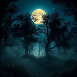 A mystical forest scene with dense, mysterious trees and foliage under a deep blue sky illuminated by a large, glowing full moon