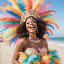 Adjust the previous image to enhance the aesthetic appeal: an African-American woman in a stunning carnival outfit, radiating joy and vibrancy against a soft pastel-hued background of the beach and the lively carnival.