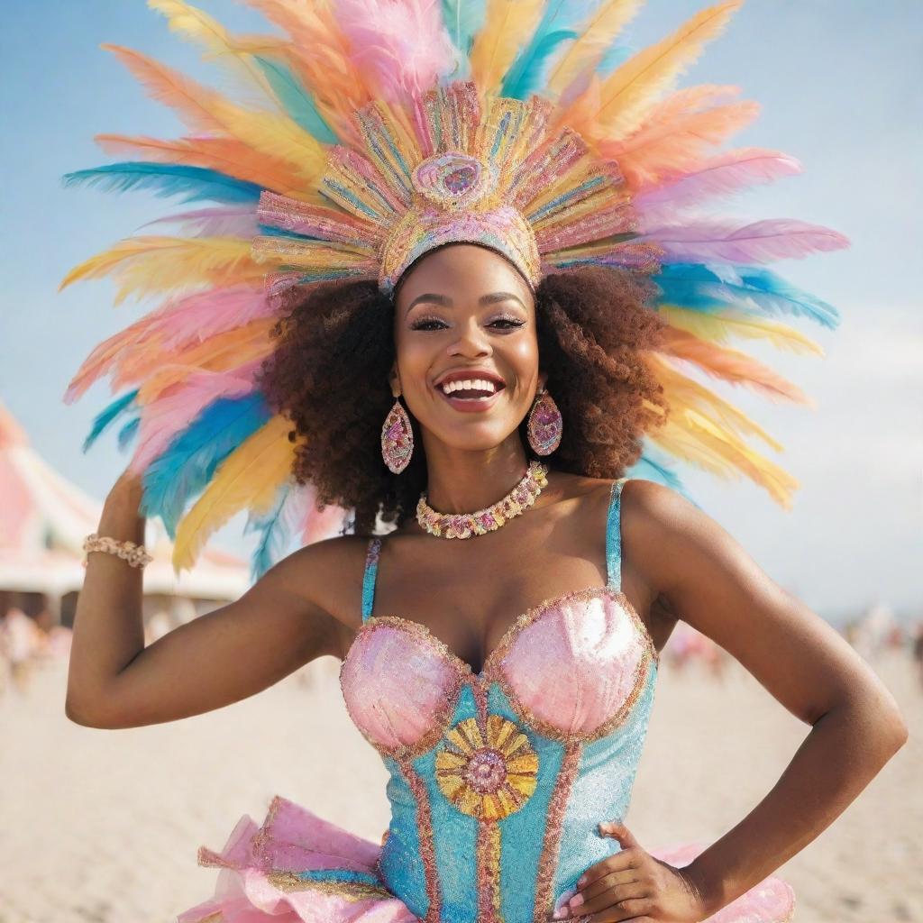 Adjust the previous image to enhance the aesthetic appeal: an African-American woman in a stunning carnival outfit, radiating joy and vibrancy against a soft pastel-hued background of the beach and the lively carnival.