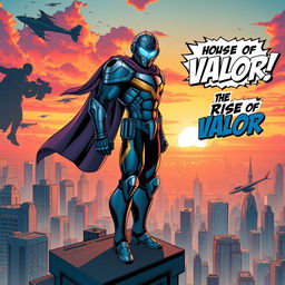 A vibrant and dynamic comic book cover featuring a heroic figure dressed in a futuristic armor, standing in a powerful pose atop a city rooftop at sunset