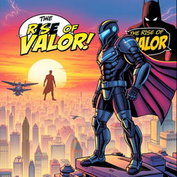 A vibrant and dynamic comic book cover featuring a heroic figure dressed in a futuristic armor, standing in a powerful pose atop a city rooftop at sunset