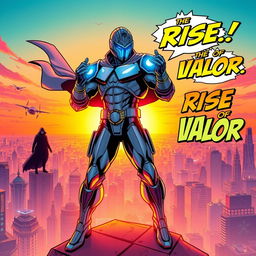 A vibrant and dynamic comic book cover featuring a heroic figure dressed in a futuristic armor, standing in a powerful pose atop a city rooftop at sunset