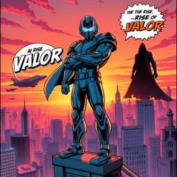 A vibrant and dynamic comic book cover featuring a heroic figure dressed in a futuristic armor, standing in a powerful pose atop a city rooftop at sunset